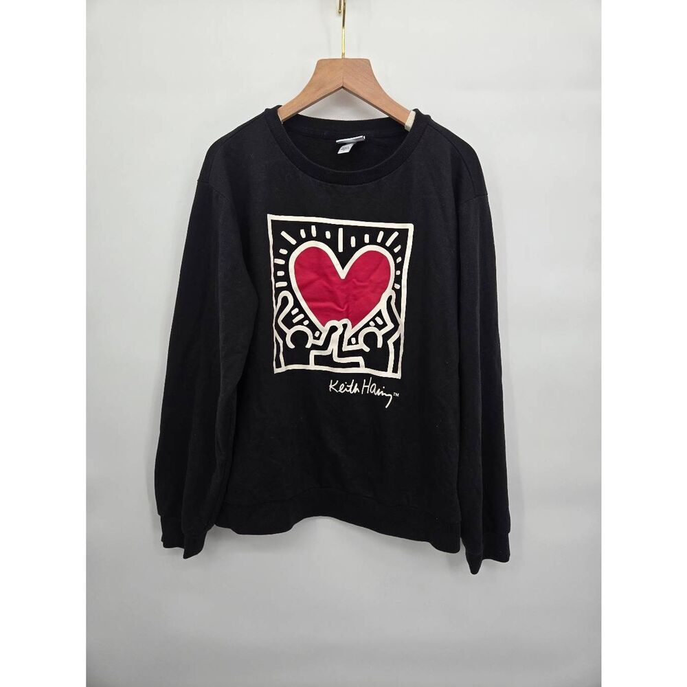 Keith Haring Heart Graphic Sweatshirt Sugar Medium Black Crewneck Pullover Light